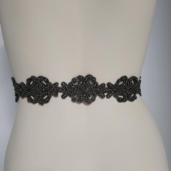 VTG Beaded Belt Womens Gunmetal Gray Stretch Elastic Wide Waist Snap Closure main image 4